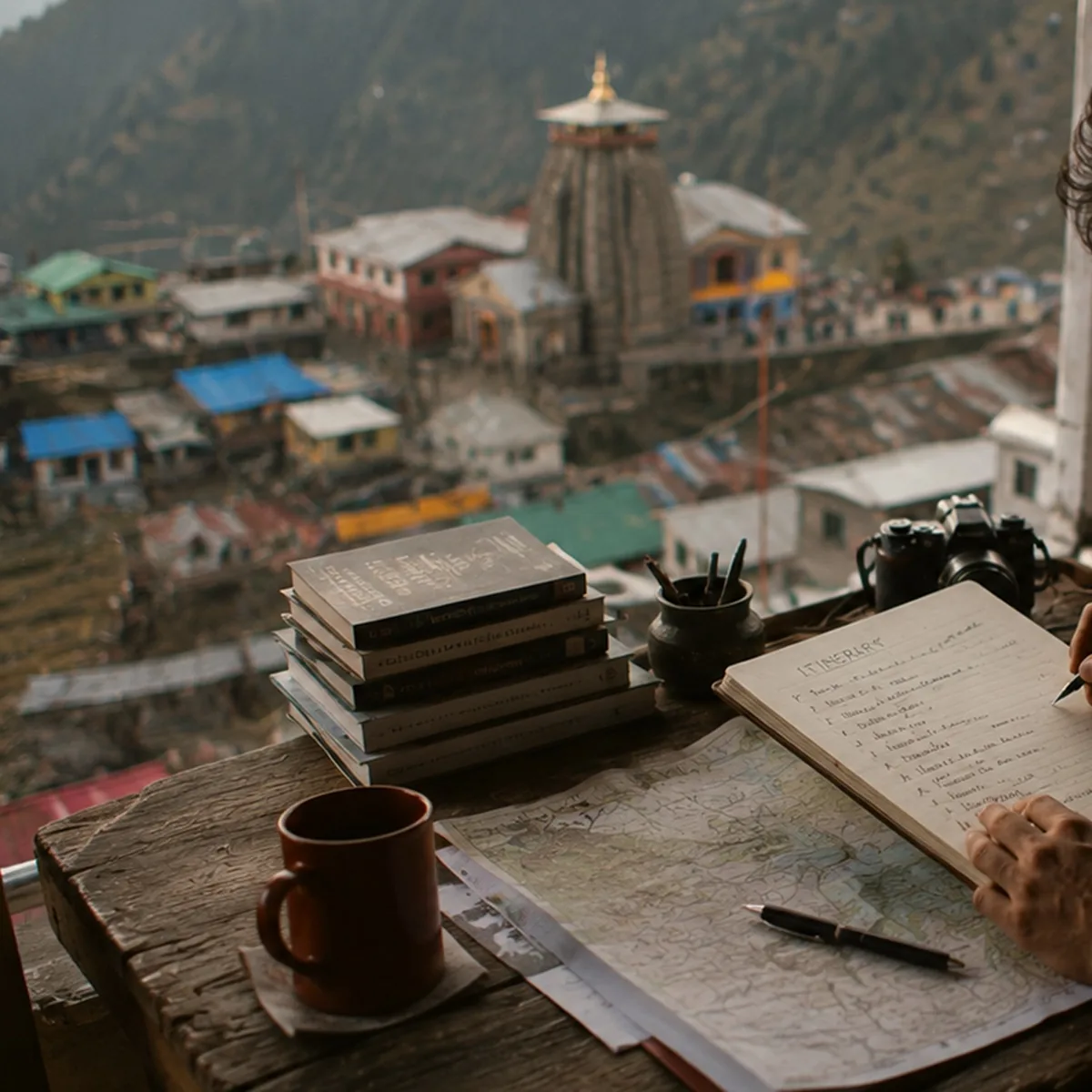 A hand-written itinerary and map on a desk overlooking a temple town