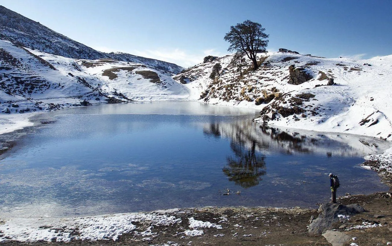 A part-frozen high lake in a snow-covered bowl, a bare lone tree on the rise above the far shore and a single figure standing at the water's edge