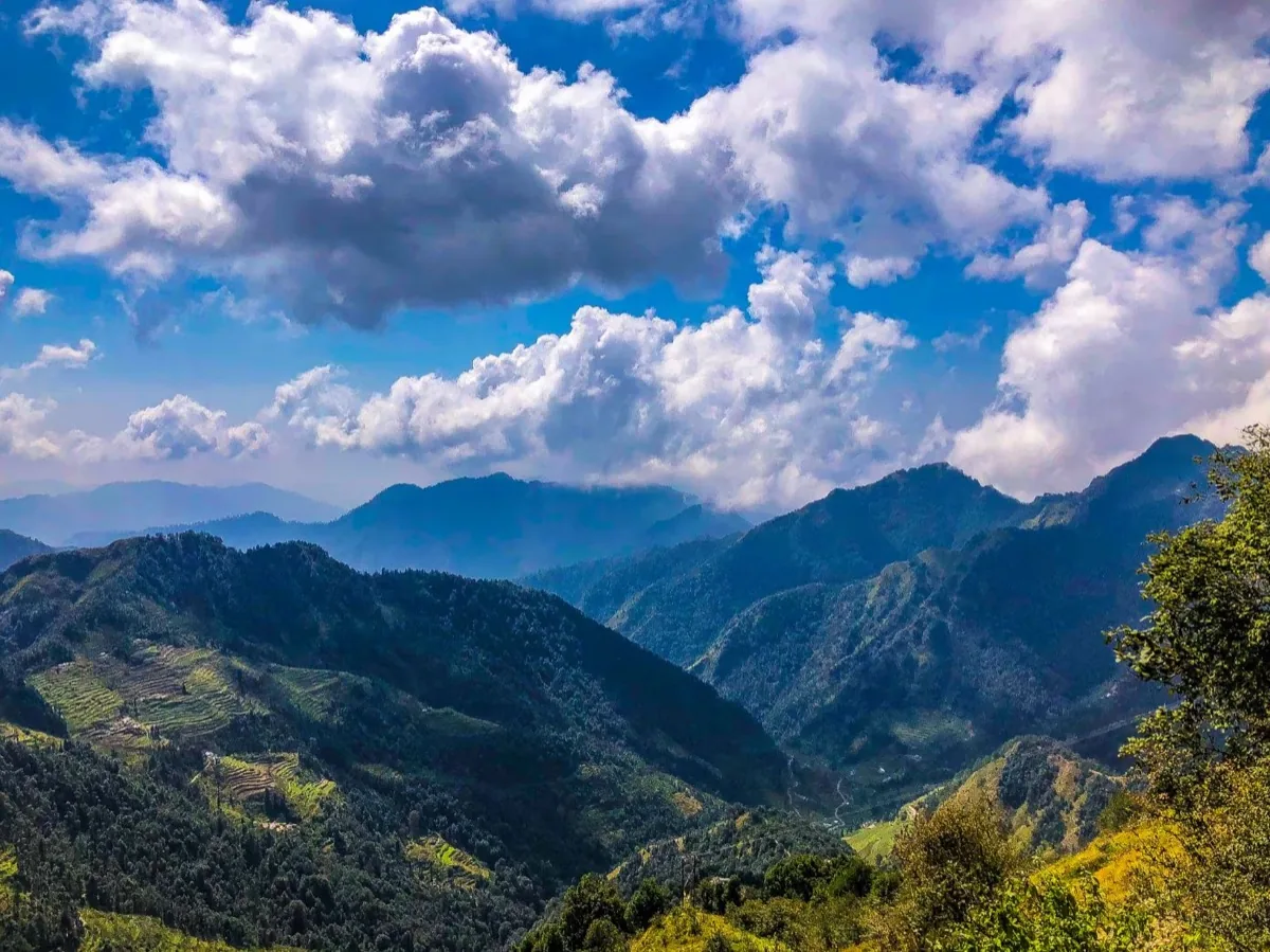 Layered forested ridges and terraced fields under high cloud at Dhanaulti