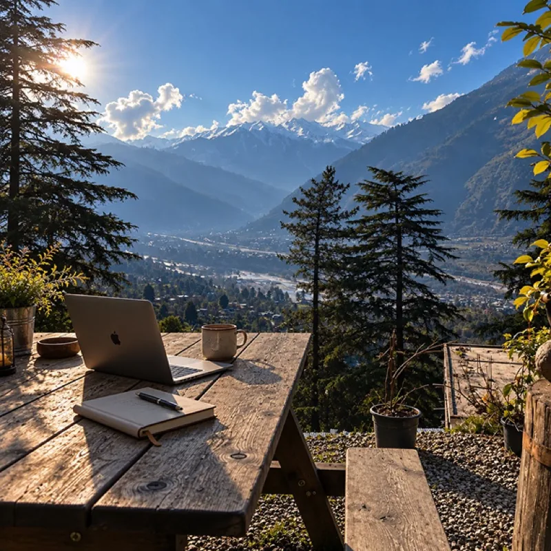 A laptop and an open notebook on a weathered picnic table, looking down a sunlit Himalayan valley