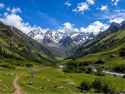 A grass trail following a river through a green valley towards snow peaks
