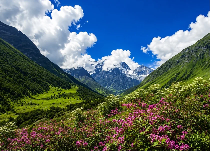 A green Himalayan valley opening towards snow-covered peaks, wildflowers in the foreground