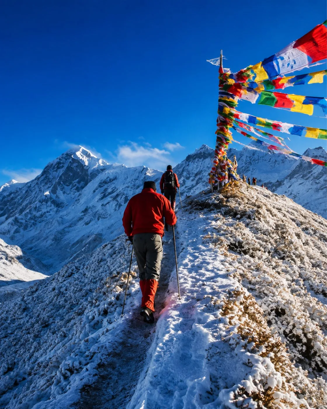 Two trekkers climbing a snowbound ridge towards a pole strung with prayer flags, high peaks behind them