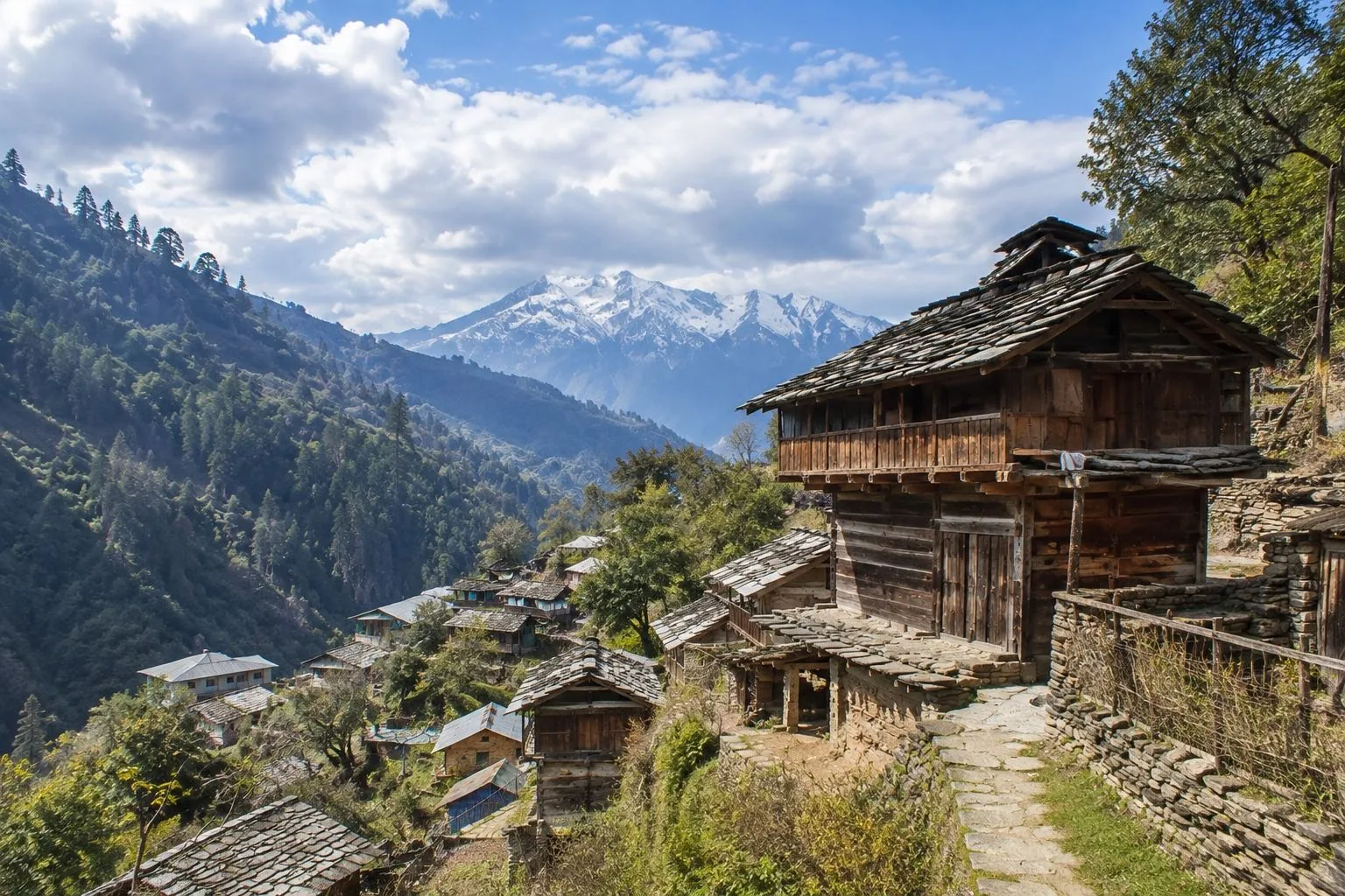 Tiered wooden houses with stacked slate roofs stepping down a spur, deodar forest on the far slope and a snow massif at the head of the valley