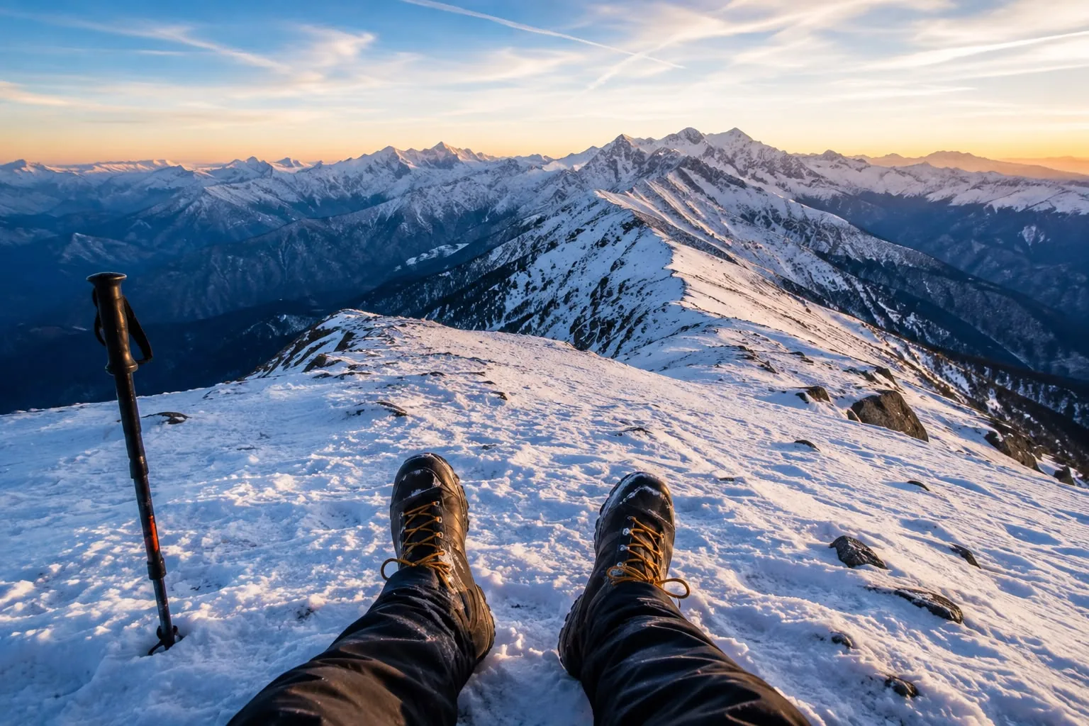 A trekker's boots and planted pole at the top of a snow ridge, range after range of snow peaks to the horizon at sunset