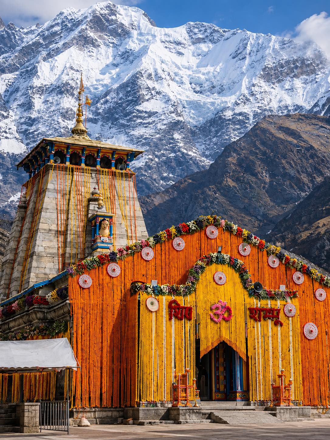 A stone temple hung with long curtains of orange and yellow marigold garlands and white rosettes, a vast snow-covered rock wall filling the sky behind it