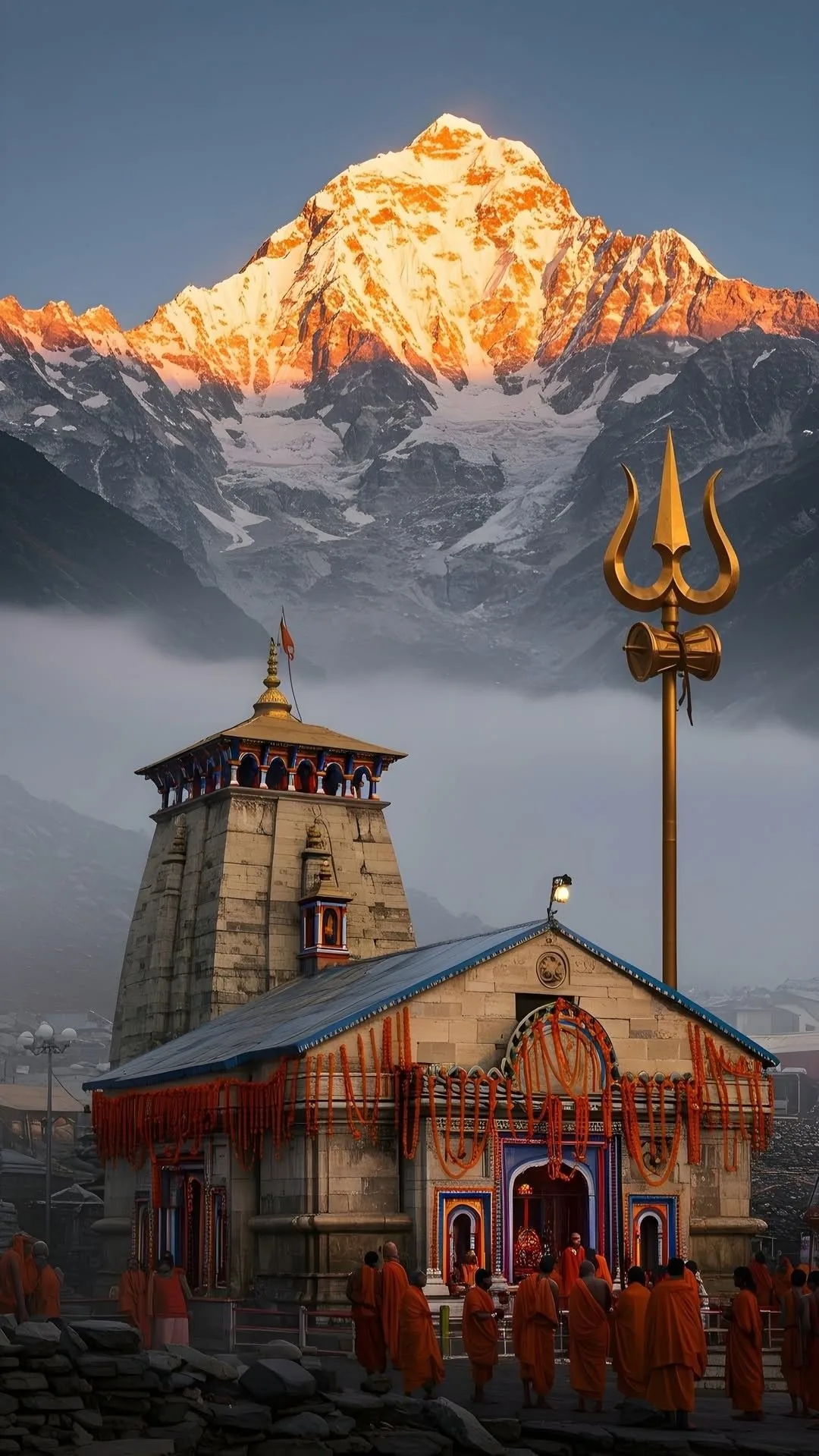 A stone temple hung with orange garlands below a tall golden trident standard, a group in ochre robes gathered on the forecourt and a sunlit snow peak above a bank of cloud