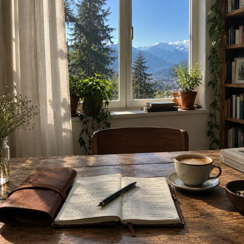An open handwritten journal, a leather cover and a cup of coffee on a wooden table by a window looking out to snow peaks
