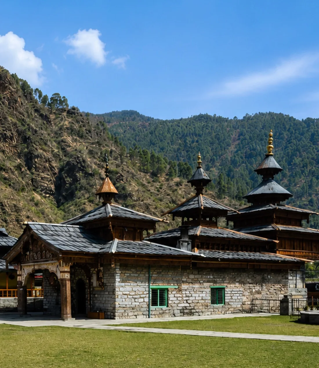 Traditional Himalayan temple with mountains behind