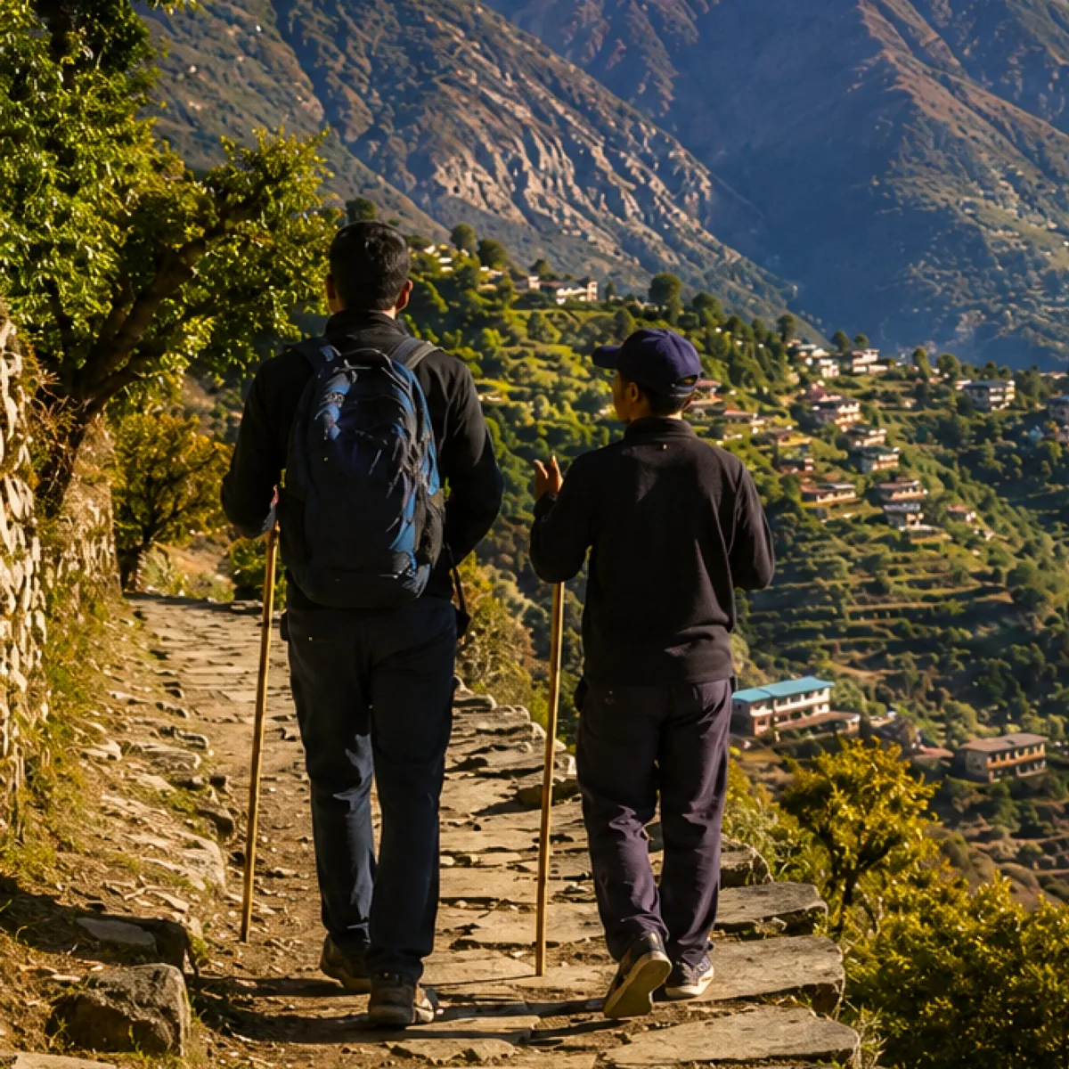 Two trekkers walking a stone trail above a Himalayan valley