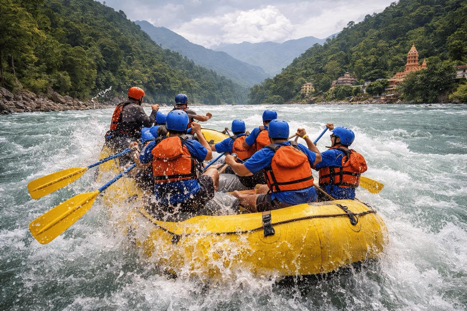 A full raft crew paddling through whitewater, forested hills and a tiered temple on the bank behind them
