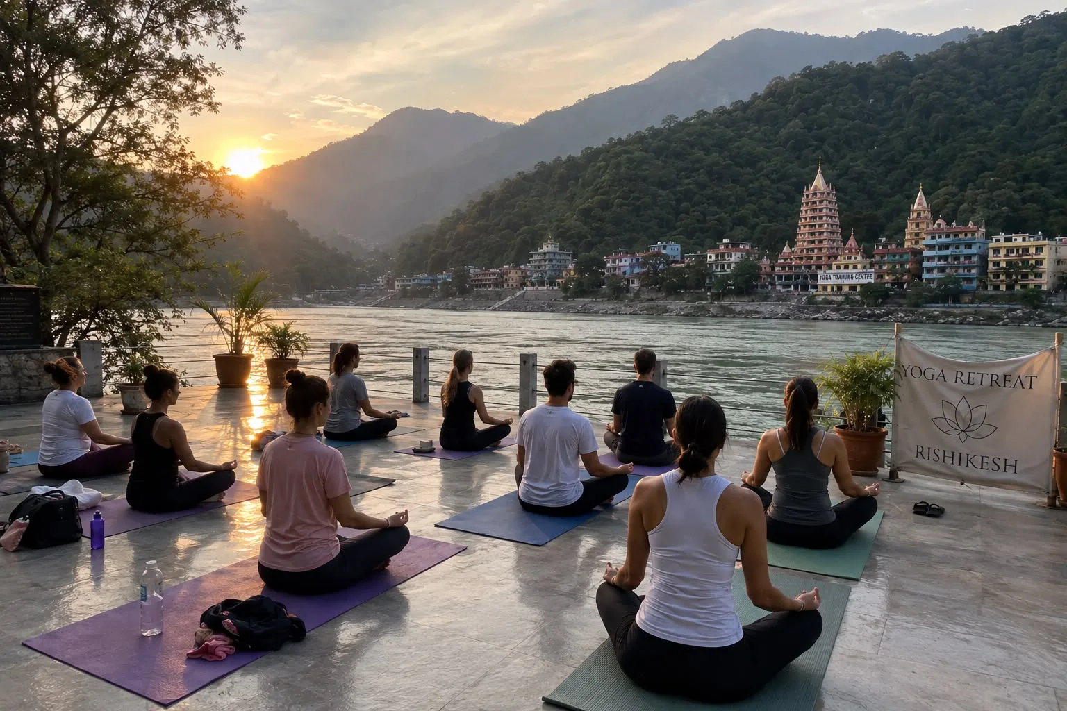 A sunrise yoga class seated on mats on a riverside terrace, a Yoga Retreat Rishikesh banner beside them and tiered temples on the far bank